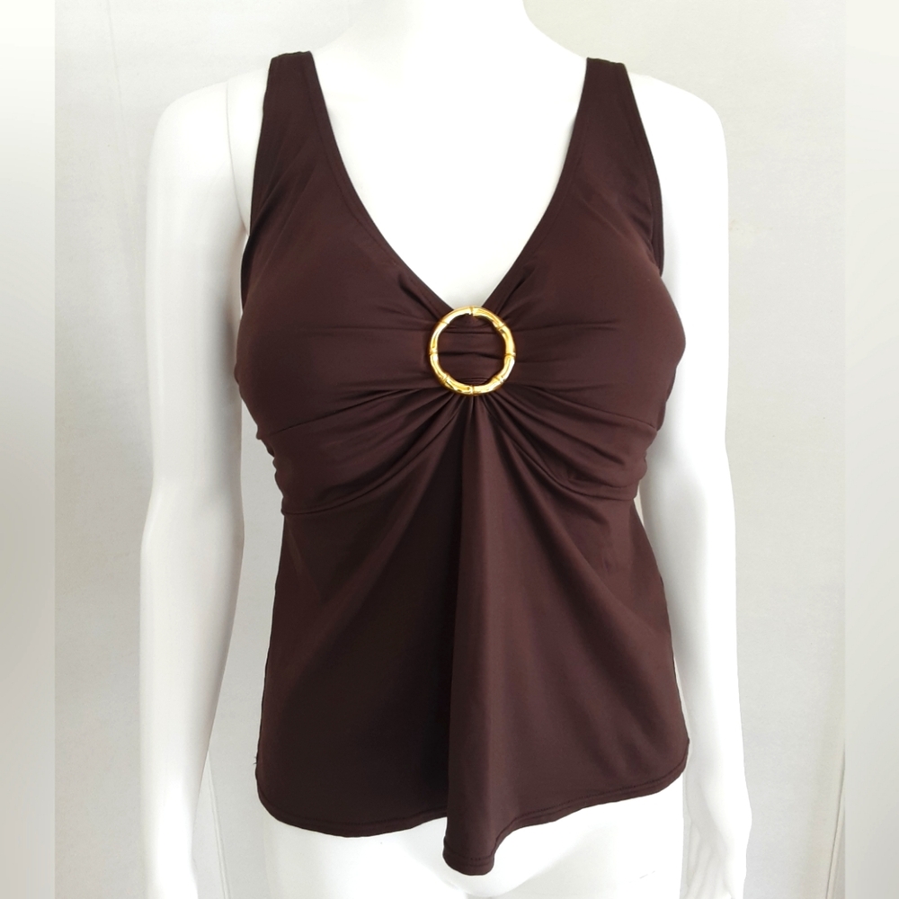 COCO REEF Coffee Bean Brown Gold Ring Underwire Tankini Swim Top Sz 36DD